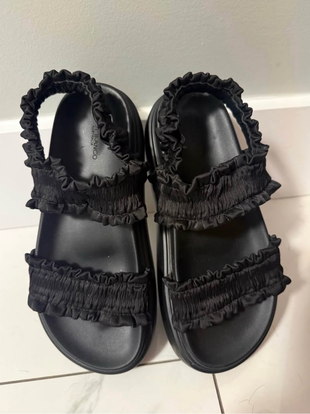 Tony Bianco Black Ruffled Elastic Strap Sandals - Women
